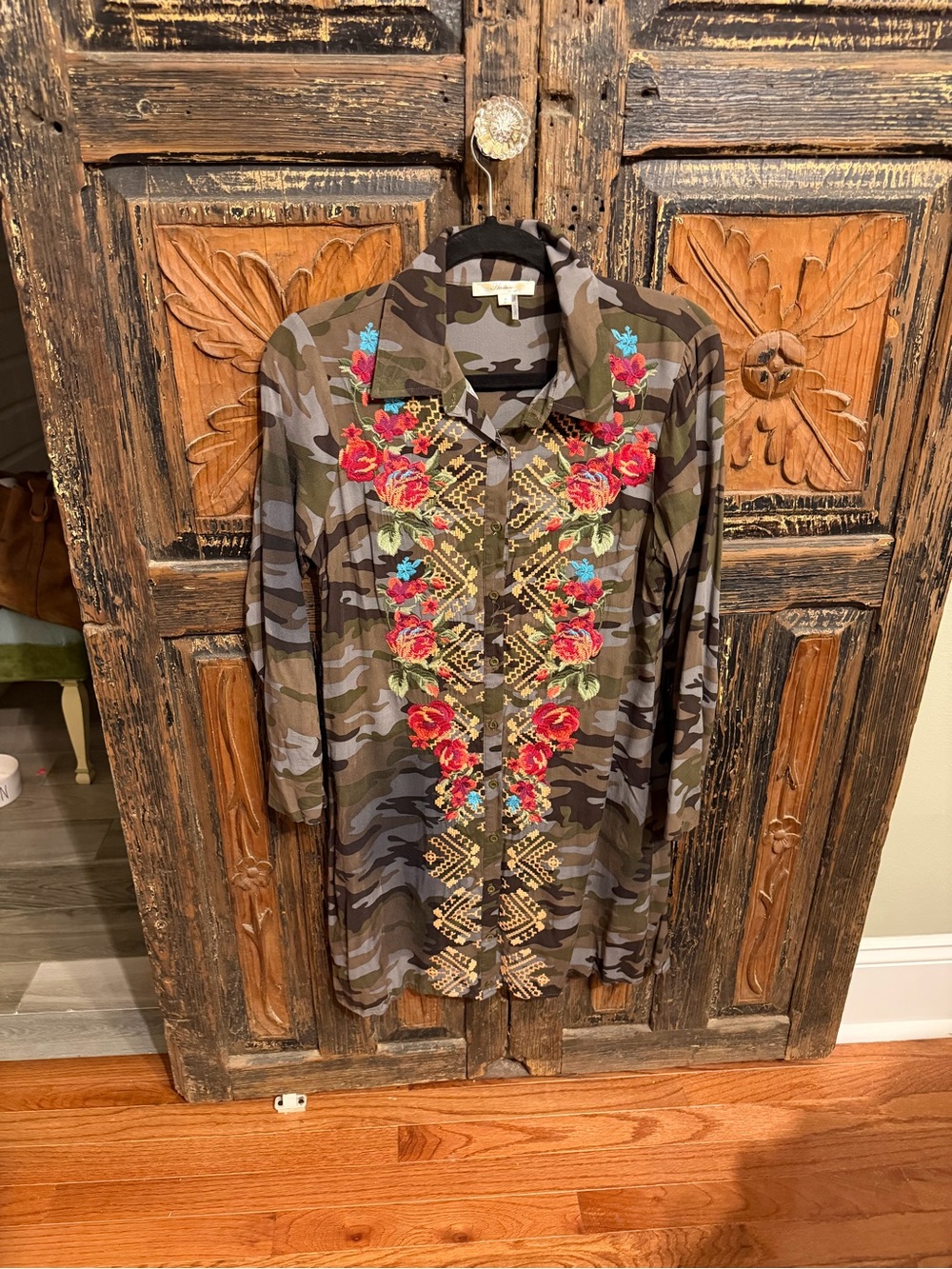 Andree Camouflage dress with Floral Embroidery - Olive & Brown